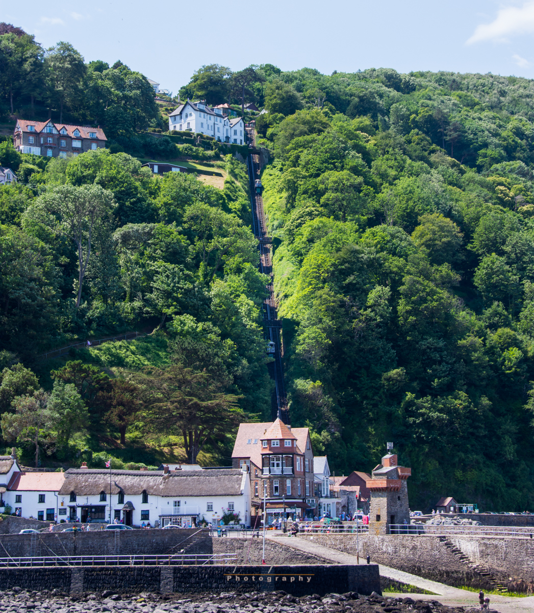 Steep hillside with dense green trees, houses at the top, and a funicular railway descending to white buildings by a stone harbour.