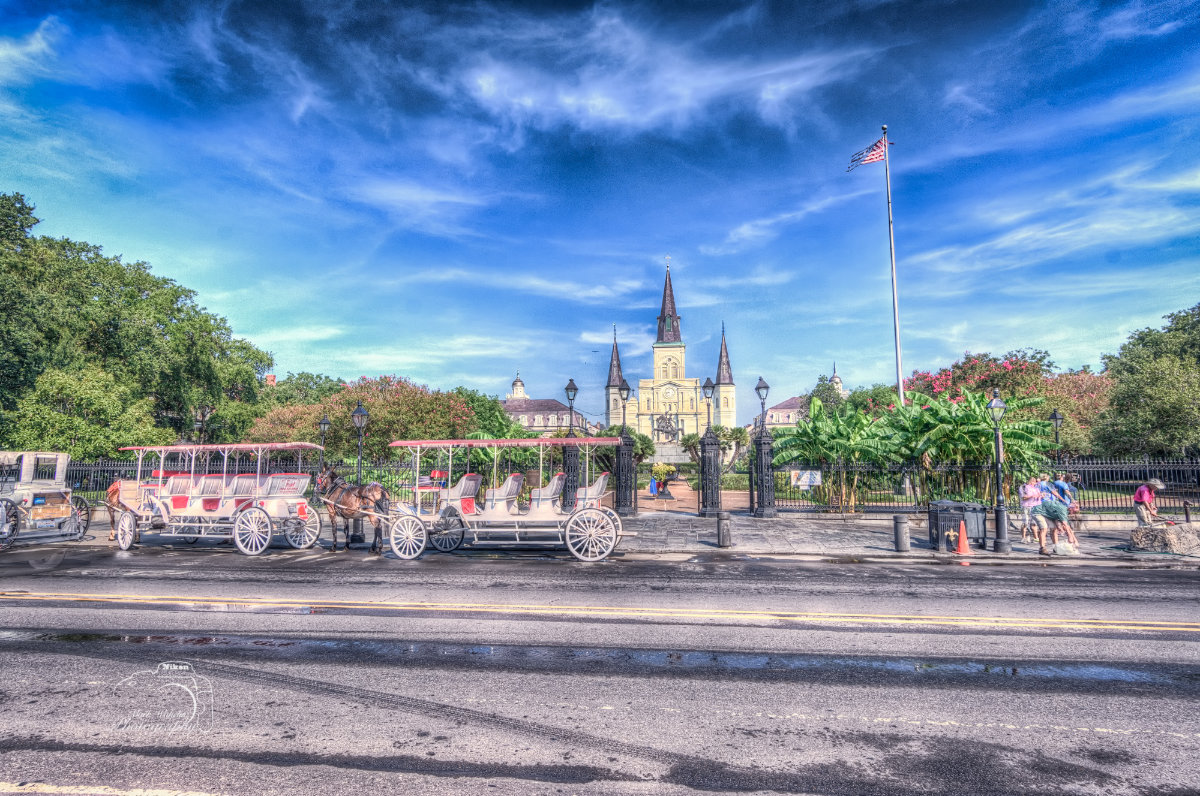Horse-drawn carriages parked by the entrance of a garden with St. Louis Cathedral in the background under a partly cloudy blue sky.