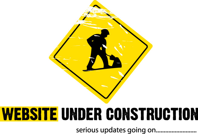 Yellow warning sign with a silhouette of a construction worker digging, above bold text reading 'Website Under Construction' and smaller text 'serious updates going on'